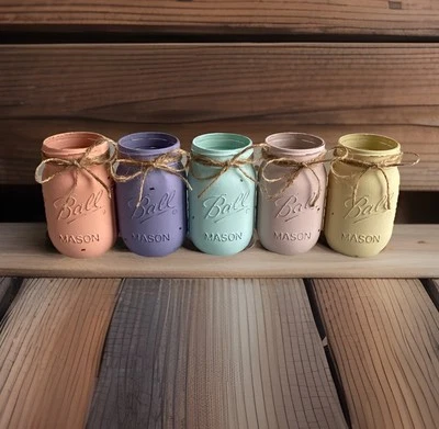 Juego de 5 jarrones tarros de albañil desgastados pintados con tiza... ¡mezcla y combina colores! Foto 1 de 2