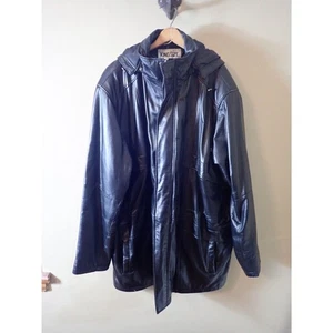 King Size Leather Jacket Coat Mens 2XL Bomber Trench Quilted Liner Vintage Hood - Picture 1 of 13
