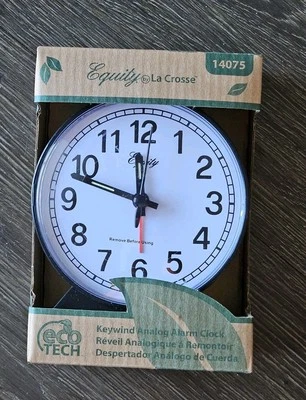 NEW Equity by La Crosse Key Wind Analog Quartz Alarm Clock Eco Tech - Black NIB - Image 1 of 4