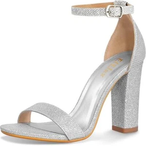 ElElax Women's Shoes 4 in Block Heels Sandal, Silver Ankle Strap Open Toe SZ 7 - Picture 1 of 6