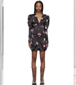 GANNI Black Pink Floral V-neck Wrinkle Satin Minidress - Picture 1 of 8