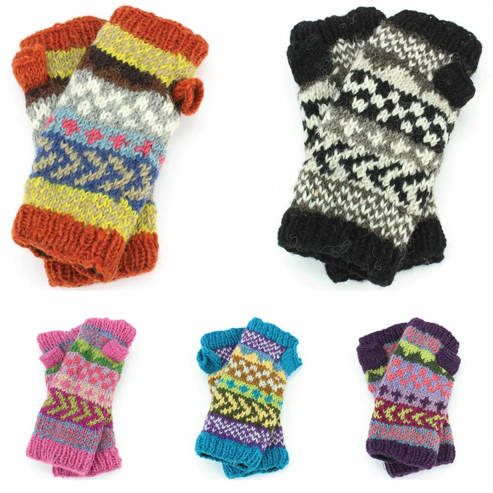 Wool Gloves Arm Warmers Fleece Lined CHEVRON Knit Nepal Handmade LoudElephant - Image 1 of 1