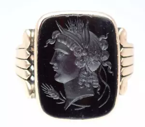 WOW! Antique Georgian Neoclassical 9K Rose Gold Onyx Goddess Intaglio Ring 9.75 - Picture 1 of 16