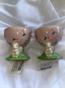 Ceramic Egg Cups Easter Pink With Bunny Set Of (2) 2.5” Hand Painted - Picture 1 of 4