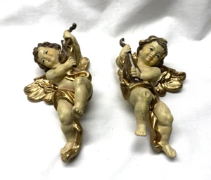 Pair Vintage Musical Instrument Playing Winged Golden Cherub Ornaments 5.5" Tall - Picture 1 of 10