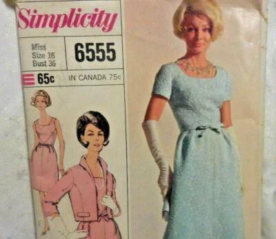 1966 Dress Pattern Simplicity 6555 Size 16 Scoop Neck Long Short Jacket Designer - Image 1 of 4