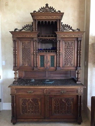 ANTIQUE SIDEBOARD / BUFFET/ SERVER - MID 1800s - CARVED - WALNUT GOTHIC STYLE Cover