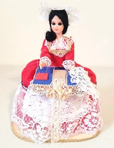 Vintage Doll Sitting on Chair Red White Lace Dress Pin Cushion 9" - Picture 1 of 8
