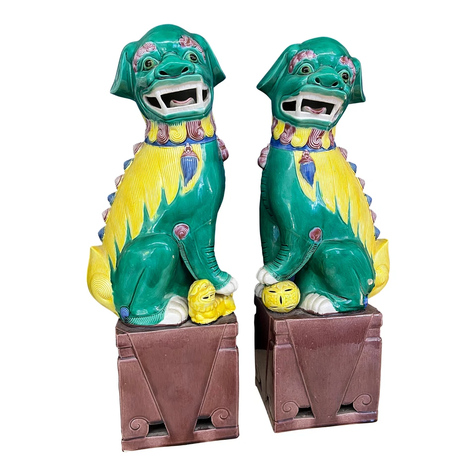 ANTIGUA PORCELANA CHINA VINTAGE LEONES BUDISTAS FOO DOGS 16.5" ¡¡COMO NUEVA!!! Foto 1 de 4