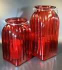 2 Ribbed Red Glass Candle Holders w/Wire Hangers~7.25 & 9.25” Garden/Patio Decor