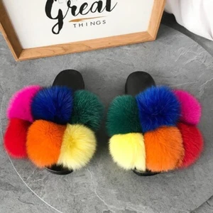 Women's Fox Fur Slides Real Fox Fur pompom Ball Slippers Summer Sandals Shoes - Picture 1 of 2