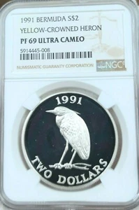 1991 BERMUDA SILVER 2 DOLLARS YELLOW CROWNED HERON NGC PF 69 ULTRA CAMEO TOP POP - Picture 1 of 4