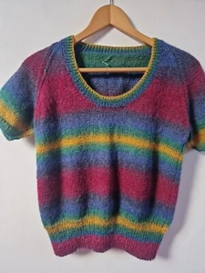 Ausgefallener Kurzarm-Pullover handgestrickt mehrfarbig Mohair Mischung Regenbogen... - Bild 1 von 4