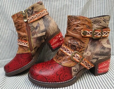 SOCOFY~COLORFUL HANDMADE PATCHWORK LEATHER WESTERN BOHO ARTSY BOOTIES SZ:38~7.5M - Image 1 of 4