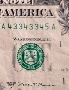 Billete de $1 Fancy serie número de serie 2017A ~43343345~ ((escalera 3-4-5)) envío gratuito - Imagen 1 de 3