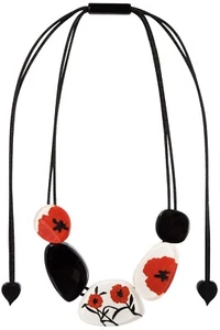 ZSISKA NEW 5 Beads Poppy Flower Necklace red/white/black Adjustable - Picture 1 of 6