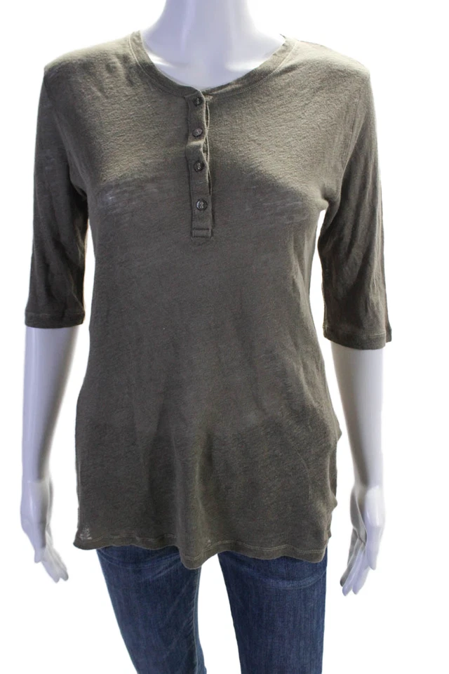 Majestic Paris Womens Linen Short Sleeve Henley Button Up Top Green Size 2 - Image 1 of 4