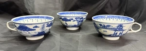 Antique Set 3 Chinese Export Blue & White Canton Pattern Porcelain Tea Cups Rare - Picture 1 of 15
