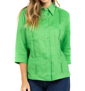 Natural Collection Guayabera Women's Lime Green Linen Blouse Shirt Size L - Picture 1 of 7