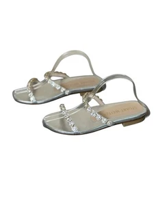 Stuart Weitzman Ameliese Crystal Leather Metallic Embellished Sandal Silver US 5 - Picture 1 of 9