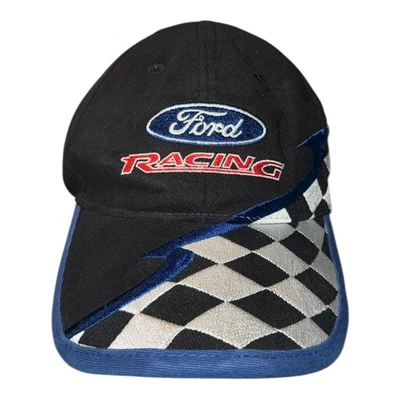 Vintage Ford Racing Hat Adjustable Black Nascar Checkered Flag Flames - Image 1 of 4