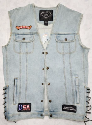 Vintage Diamond Plate Biker Denim CLASSIC MOTORCYCLE VEST Men's Size XL Patches - Image 1 of 4