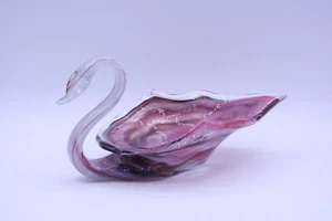 Ozark Art Glass Swan Dish Pink Purple Swirl - Marigold Glass 4.75" x 9.5" - Picture 1 of 17