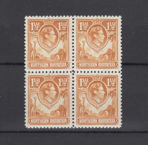 Northern Rhodesia KGVI 1941 1 1/2 Yellow Brown Block Of 4 SG30 MNH JK8264 Cover