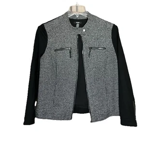 Alfani Damen Jacke Mixed Media Tweed Jersey Strick Motorrad durchgehender Reißverschluss Gr. 16 - Bild 1 von 12