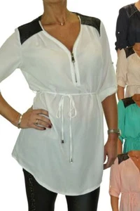 Ladies Zip V Neck Loose Georgette Blouse Shirt Smart Casual 3/4 Sleeve Top 8-16 - Picture 1 of 22
