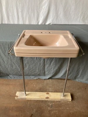 Vtg Mid Century Tan Beige Console Sink Chrome legs Towel Bars Standard 188-25E - Image 1 of 4