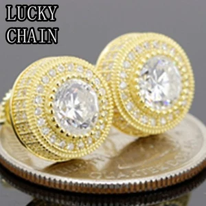 14K GOLD FINISH HIPHOP CZ PAVE STUD EARRING(W 11mm)R48 - Picture 1 of 2