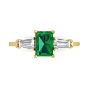1.5Ct Emerald Cut Simulated Emerald Three Stone Engagement Ring, 14K Yellow Gold - Picture 1 of 11