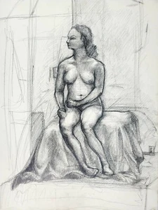 Graphite Drawing on Toned Paper of Seated Nude Model (18" X 23 1/2") - Bild 1 von 8