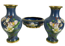 Pair Of Antique Chinese Qing Cloisonné Bronze Enamel Baluster Vases & Bowl