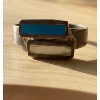 Raro Anel Vintage Zuni Turquesa Madrepérola Barra Inlay Tamanho 7.75 - Imagem 1 de 4