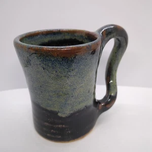 Hand Turned Pottery Mug Blue Gray Brown Earth Tones Funky Folk Art Signed D308 - Picture 1 of 9