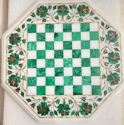 18" Marble Chess pietra dura Inlay with malachite Handcrafted Natural Stone - Image 1 of 4