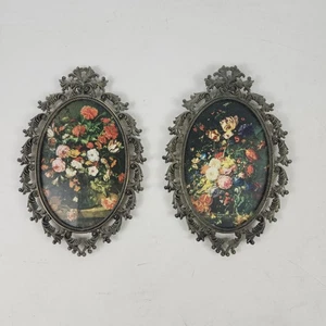 (2) Vintage Messing verziert oval konvex gerahmt Druck von Blumen Made in Italy 5X8 - Bild 1 von 7
