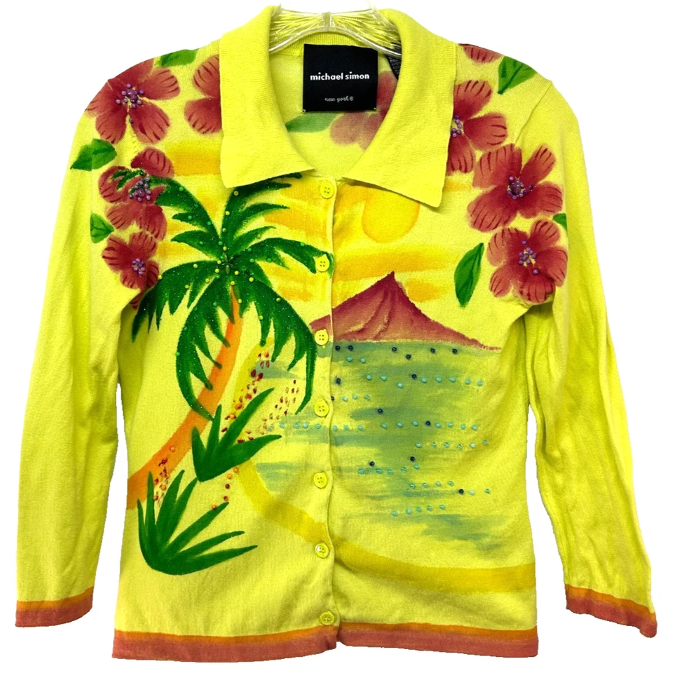 Cárdigan Michael Simon De Colección Para Mujer Amarillo Verde Lentejuelas Beach Island Huts Mediano Foto 1 de 4