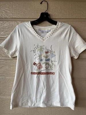 Camiseta Breckenridge feminina vintage tamanho PM pequena média off white enfeitada - Imagem 1 de 4