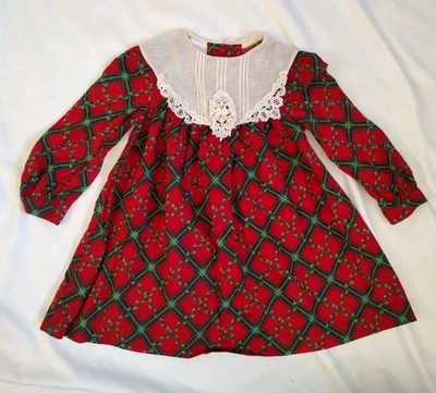 Vestido Bonnie Jean Vintage Años 90 Niñas Navidad Vacaciones Rojo Verde Acebo con Cuello 4 Foto 1 de 4