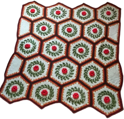 Manta afgana de ganchillo cuadrada hexagonal rosa flor hecha a mano de colección roja blanca marrón Foto 1 de 4