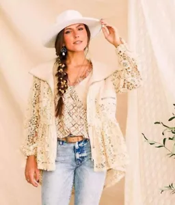 Gimmicks giacca donna traforata all'uncinetto con cappuccio zip nonna boho panna taglia small - Foto 1 di 13