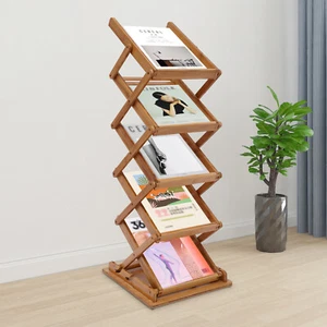 Heavy Duty Bamboo Foldable Rack 5 Layers Magazine File Shelf Pop-up Book Stand - Picture 1 of 16