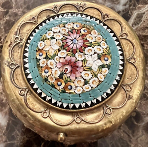 VTG/Antique Micro Mosaic Brass Gilt Lidded Pot Box Italy 2 3/4 Inch Fine Detail