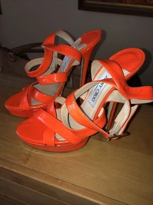 NEON ORANGE PATENT JIMMY CHOO LOUISA STILETTOS HEELS STRAPPY SANDALS SHOES - Picture 1 of 8