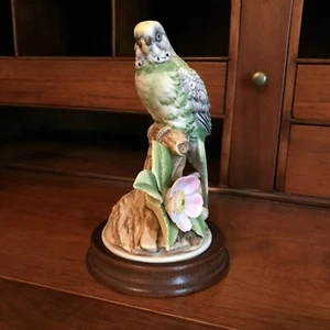 Porcelain (Ceramic) ANDREA PARAKEET BIRD with Wooden Stand Made in Japan - Picture 1 of 7