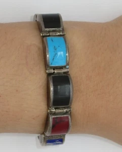 GORGEOUS VINTAGE TAXCO MEXICO STERLING 925 SILVER & MULTI STONES BANGLE BRACELET - Picture 1 of 9