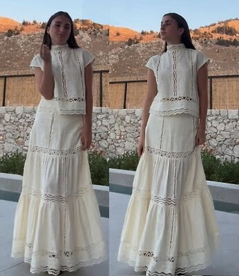 Zara Zw Ecru Rustico Cotone Uncinetto Top a Balze Full Gonna Maxi Boho Set Di Sm - Immagine 1 di 4